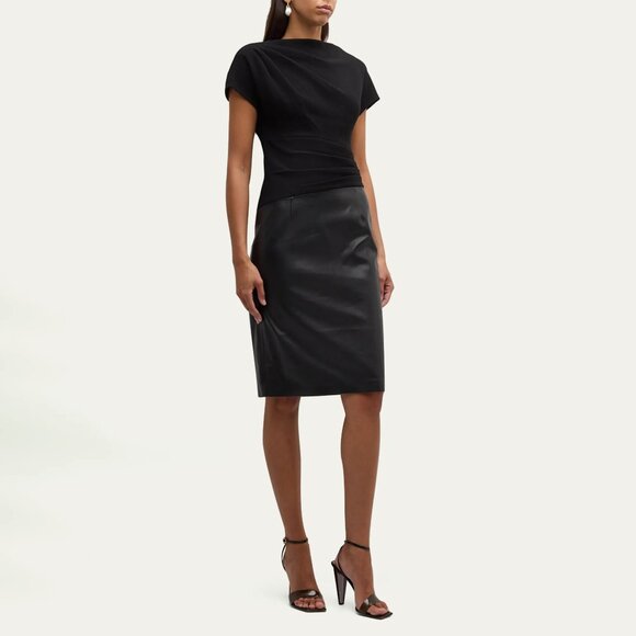 Teri Jon by Rickie Freeman Pleated Crepe Vegan Leather Dress Black Size 14 NWT - Picture 1 of 9